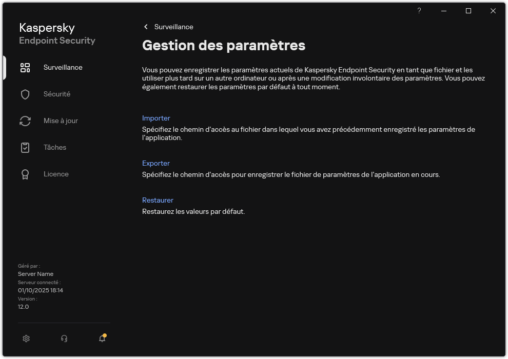 Fenêtre des paramètres d'exclusion. L'utilisateur peut exporter, importer ou restaurer les paramètres de l'application.