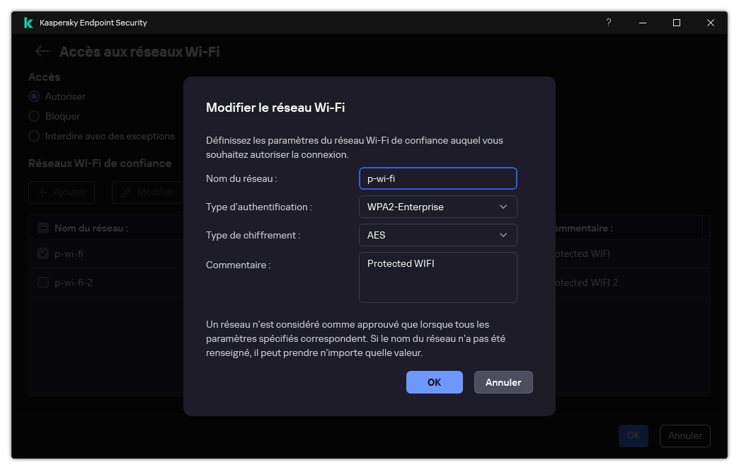 La fenêtre contient les paramètres du réseau Wi-Fi de confiance.