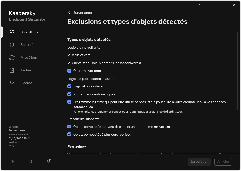 Fenêtre des paramètres d'exclusion. L'utilisateur peut sélectionner les types d'objets détectés et ajouter des objets aux exclusions.