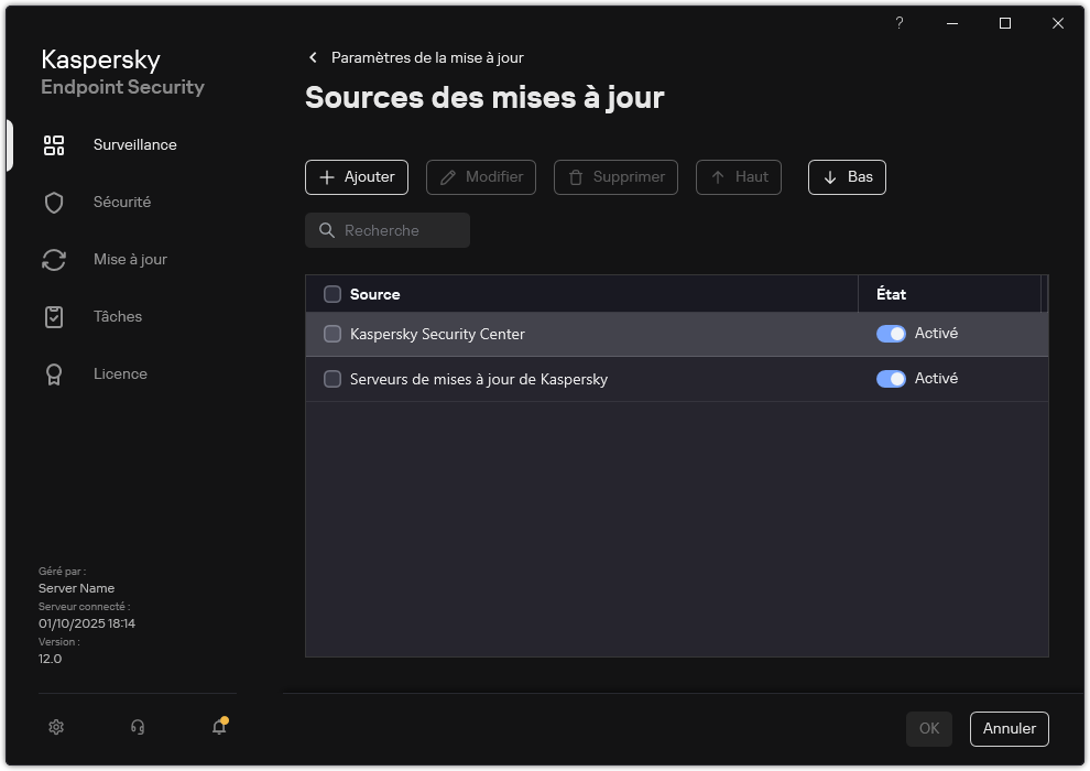 Une fenêtre avec la liste des sources de mises à jour. L'utilisateur peut ajouter des sources de mises à jour et attribuer une priorité à la source.