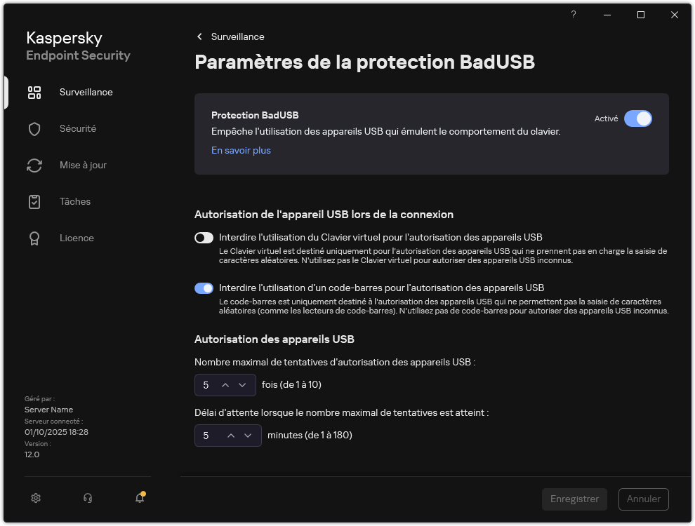 Fenêtre des paramètres de la protection BadUSB.