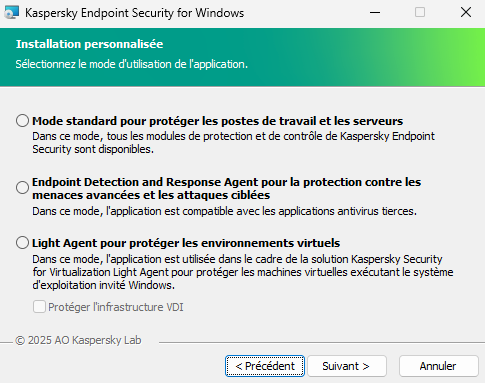 Fenêtre du programme d'installation avec configuration de l'application : fonctionnalités complètes ou Endpoint Detection and Response Agent.