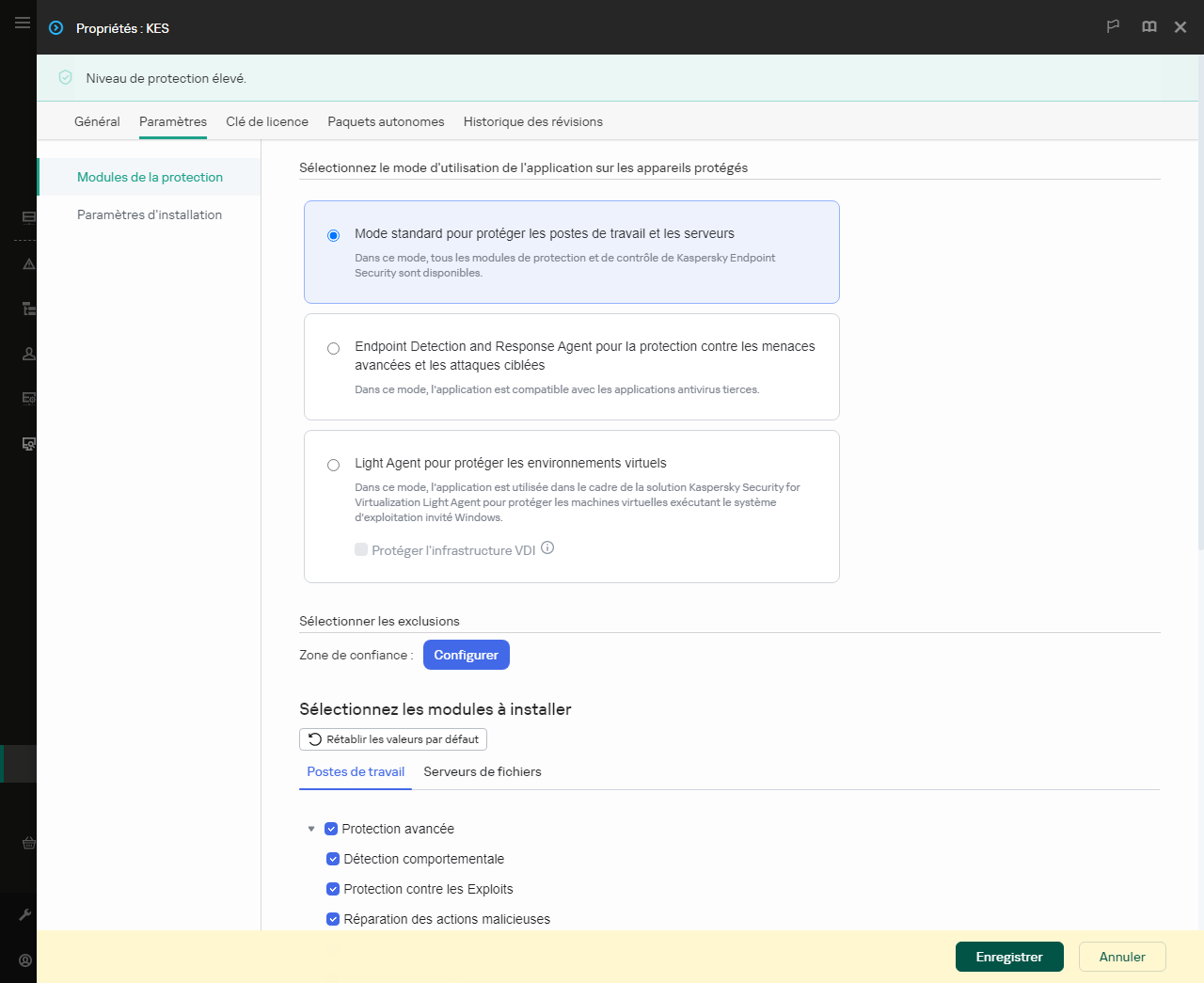 Fenêtre des propriétés du paquet d'installation. Vous pouvez sélectionner les modules d'application que vous souhaitez inclure.