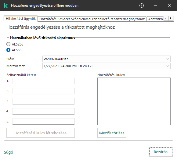 Egy ablak a felhasználói kérés tartalmának bevitelére szolgáló mezőkkel, valamint egy mező a titkosított lemez eléréséhez generált kulcs számára.