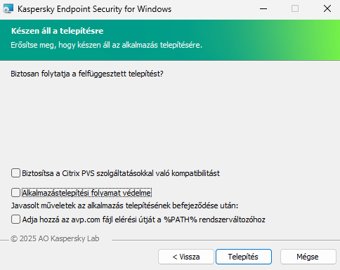 Telepítési beállítások ablaka: telepítésvédelem, kompatibilitás a Citrix PVS technológiával, rendszerváltozó az avp.com számára.