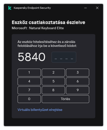 Az ablak a billentyűzet hitelesítési kódjával és a képernyőn megjelenő billentyűzettel. A felhasználó megadhatja a kódot.