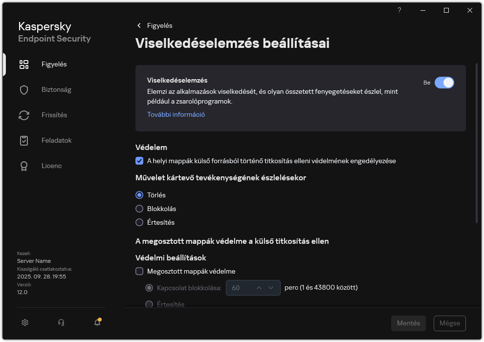 Viselkedésészlelés beállításainak ablaka.