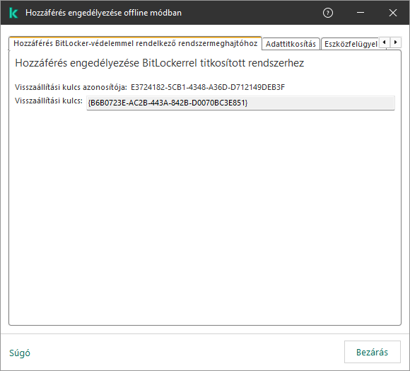 Egy ablak a titkosított rendszermeghajtóhoz való hozzáférés visszaállításához szükséges kulccsal.
