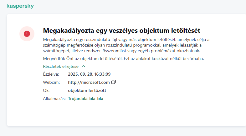 Kaspersky-értesítés a rosszindulatú objektumok böngészőablakban történő betöltésének megakadályozásáról.