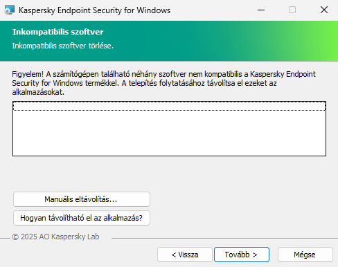 Telepítőablak az inkompatibilis szoftverek listájával. A felhasználó elindíthatja az inkompatibilis szoftver eltávolítását.