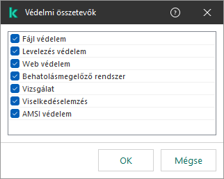 Egy ablak az alkalmazás összetevőinek listájával. A kizárás csak a kiválasztott összetevők működésére vonatkozik.
