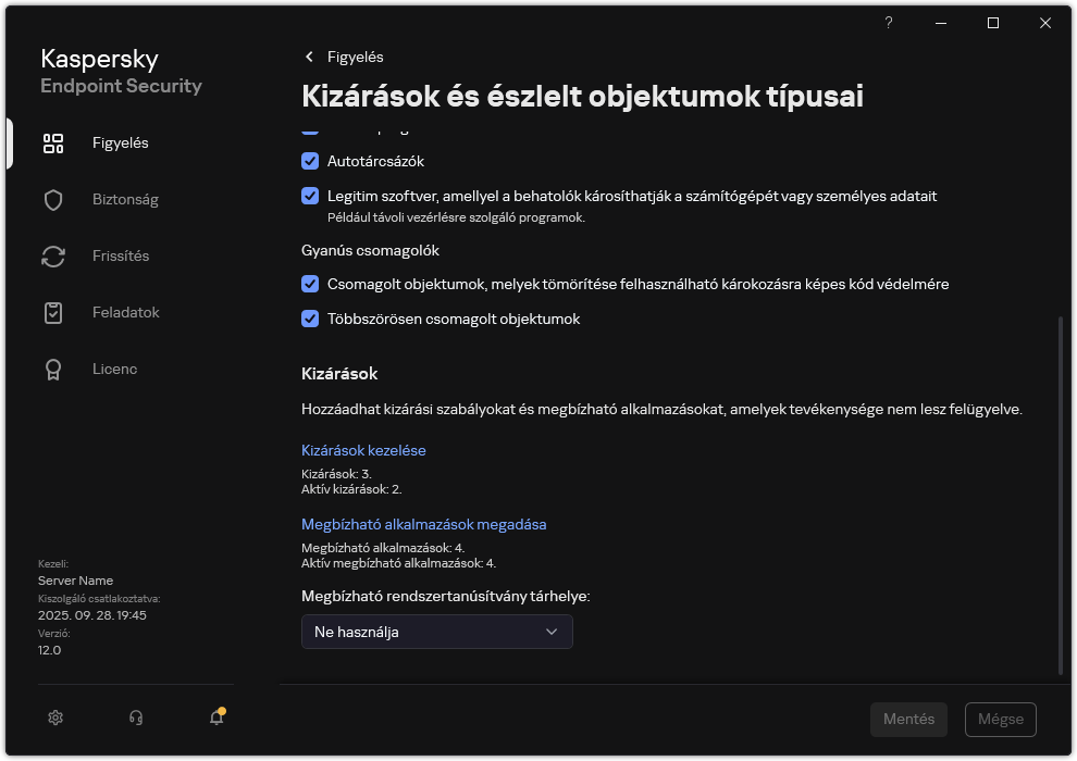 Kizárási beállítások ablak. A felhasználó kizárásokat és megbízható alkalmazásokat adhat hozzá.