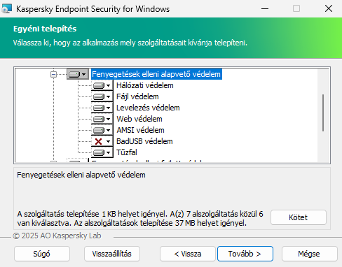 Telepítőablak azon összetevők listájával, amelyeket a felhasználó kiválaszthat.