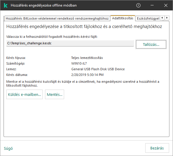 Az ablak tartalmaz egy mezőt a hozzáférés-kérési fájl kiválasztásához. A felhasználó a létrehozott kulcsot lemezre mentheti, vagy e-mailben elküldheti.