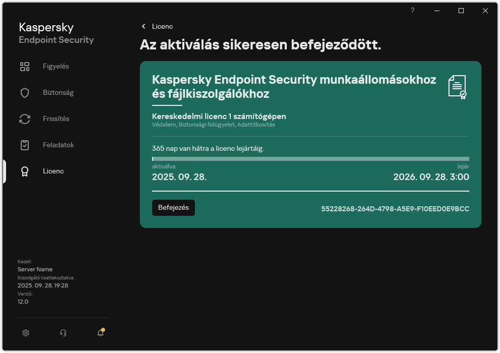 Az ablak a licencre vonatkozó információkat tartalmazza: lejárat dátuma, elérhető funkciók és egyéb információk.