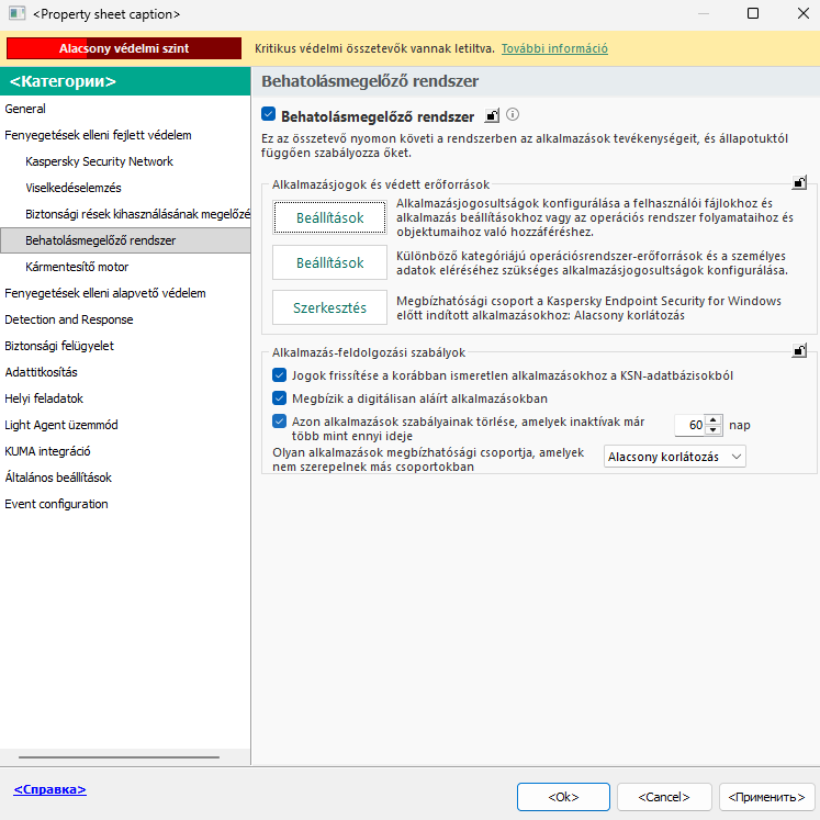 Behatolásmegelőző rendszer beállításai ablak.