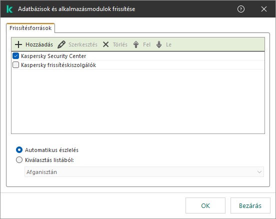 A frissítéőforrások listáját tartalmazó ablak. A felhasználó frissítési forrásokat adhat hozzá, és prioritást rendelhet a forráshoz.