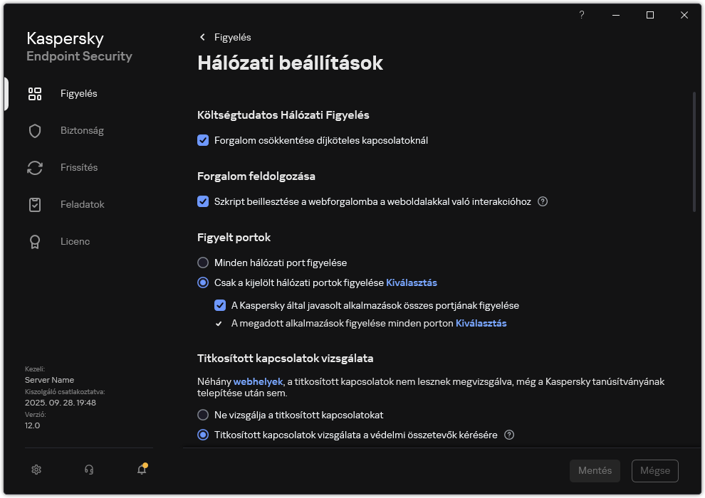 Alkalmazások hálózati beállításainak ablaka.