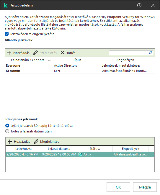 Ideiglenes jelszavak kezelése ablak.