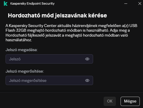 Az ablak mezőket tartalmaz a jelszó megadásához és megerősítéséhez.