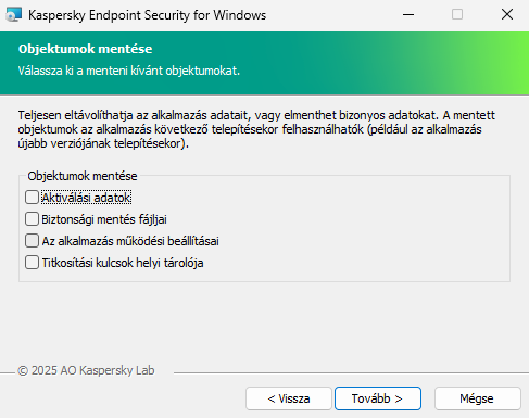 Telepítőablak az alkalmazás eltávolítása után menthető objektumok listájával.