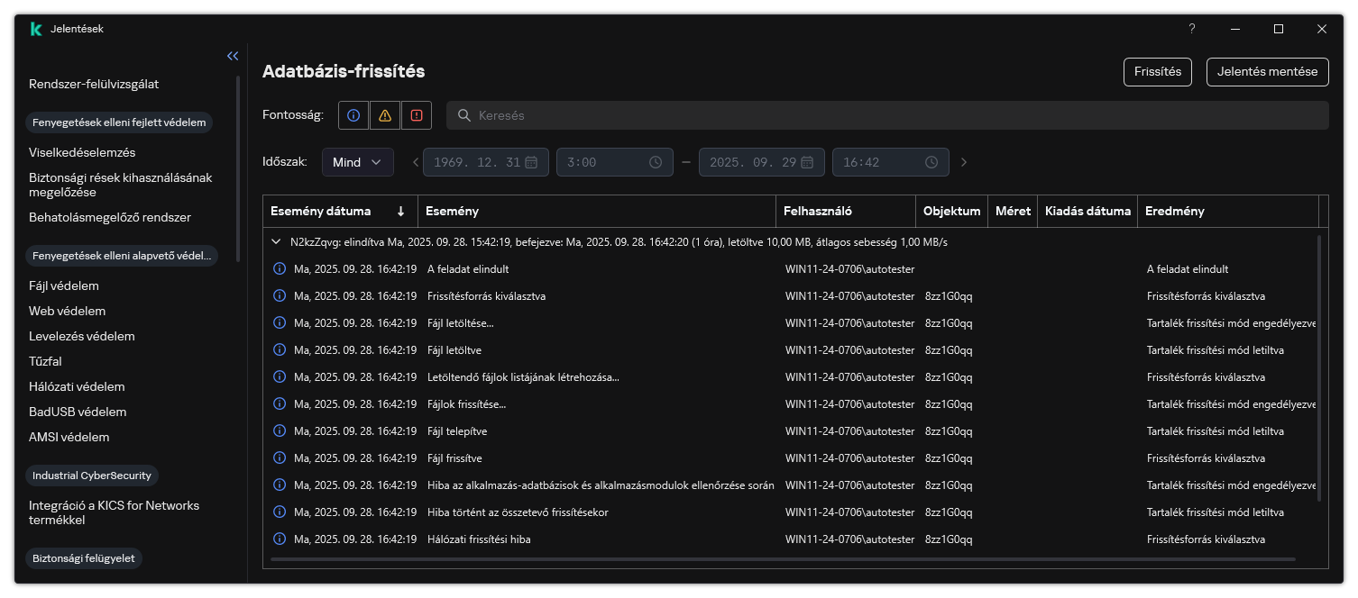 Egy ablak a jelentésben szereplő események listájával. A felhasználó szűrheti/rendezheti az eseményeket, és fájlba mentheti a jelentéseket.