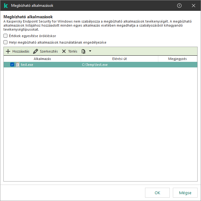 Egy ablak a megbízható alkalmazások listájával. A felhasználó hozzáadhat, szerkeszthet vagy eltávolíthat megbízható alkalmazásokat.