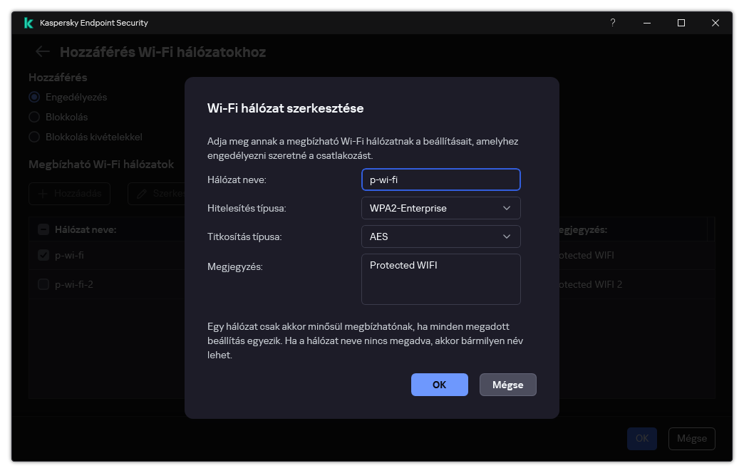 Az ablak a megbízható Wi-Fi hálózat beállításait tartalmazza.