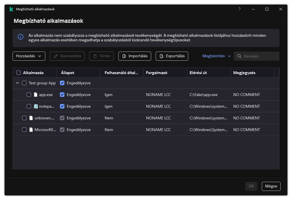 Egy ablak a megbízható alkalmazások listájával. A felhasználó hozzáadhat, szerkeszthet vagy eltávolíthat megbízható alkalmazásokat.