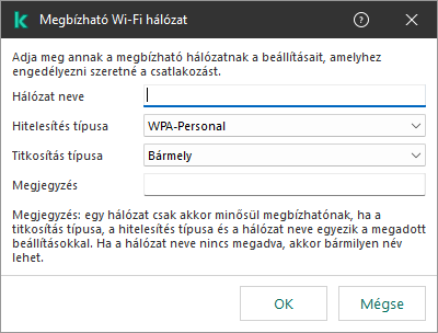 Az ablak a megbízható Wi-Fi hálózat beállításait tartalmazza.