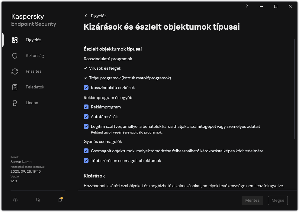 Kizárási beállítások ablak. A felhasználó kiválaszthatja az észlelt objektumok típusait, és objektumokat adhat hozzá a kizárásokhoz.