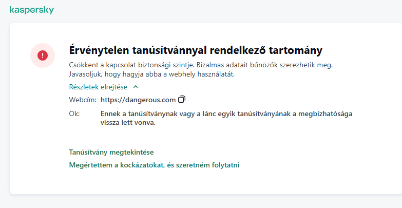 Kaspersky-értesítés egy nem megbízható tanúsítvánnyal rendelkező tartomány felkereséséről a böngészőablakban. A felhasználó folytathatja a munkát.