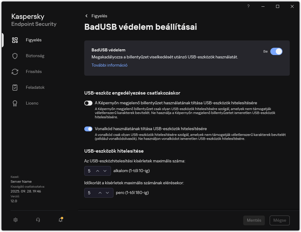 A BadUSB védelem beállításai ablak.