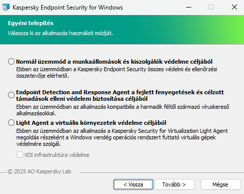 Telepítőablak az alkalmazás konfigurációjával: teljes funkcionalitás vagy Endpoint Detection and Response Agent.
