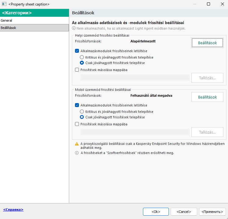 A Frissítés feladat beállításainak ablaka. A felhasználó helyi és mobil üzemmódban konfigurálhatja a frissítést.