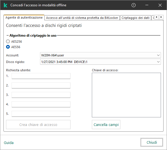 Una finestra con i campi in cui è possibile immettere il contenuto della richiesta dell'utente e un campo per la chiave generata per accedere al disco criptato.