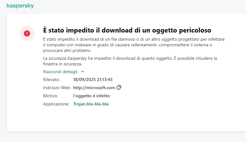 Notifica di Kaspersky sulla prevenzione del caricamento di oggetti dannosi nella finestra del browser.