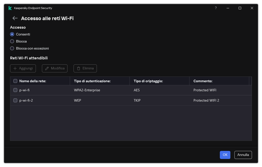 Una finestra con l'elenco di reti Wi-Fi. L'utente può configurare l'accesso a tutte le reti Wi-Fi e aggiungere reti Wi-Fi attendibili.