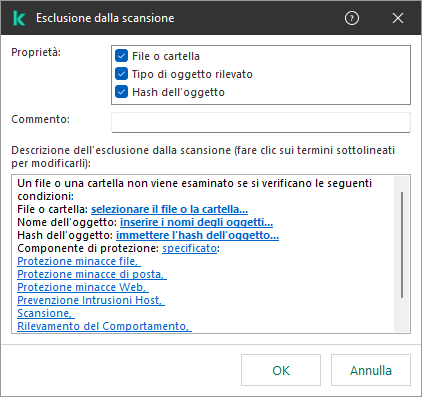 Una finestra con gli strumenti di selezione delle esclusioni. L'utente può selezionare un file o una cartella, inserire un hash o un nome dell'oggetto.