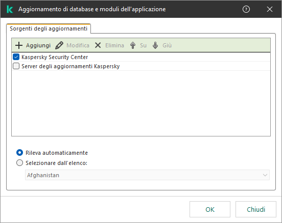Una finestra con l'elenco delle sorgenti degli aggiornamenti. L'utente può aggiungere sorgenti degli aggiornamenti e assegnare una priorità alla sorgente.