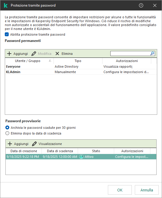 Finestra Gestione delle password provvisorie.