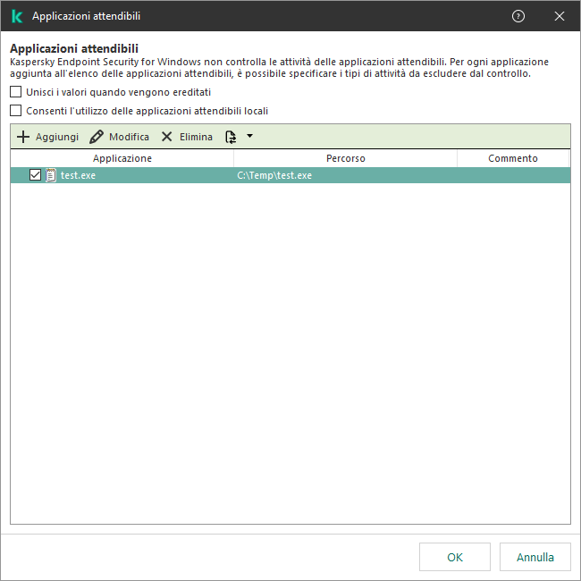 Una finestra con l'elenco delle applicazioni attendibili. L'utente può aggiungere, modificare o rimuovere un'applicazione attendibile.