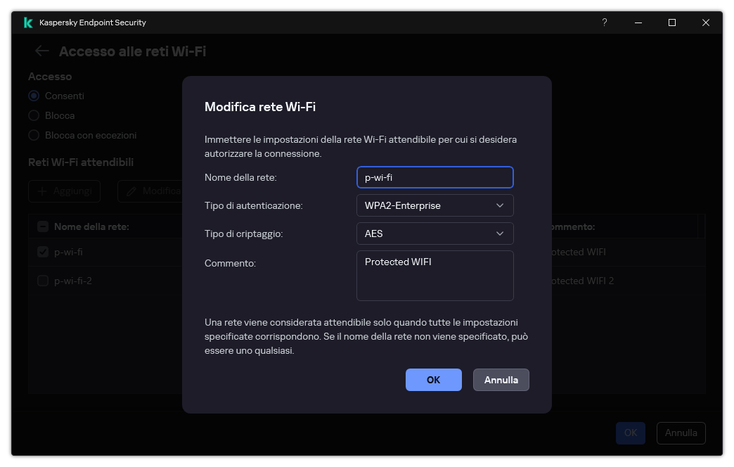 La finestra contiene le impostazioni della rete Wi-Fi attendibile.