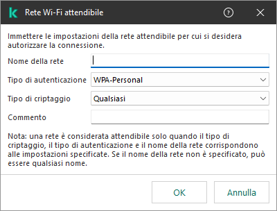 La finestra contiene le impostazioni della rete Wi-Fi attendibile.