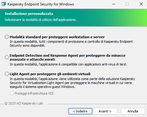 Finestra del programma di installazione con configurazione dell'applicazione: funzionalità complete o Endpoint Detection and Response Agent.