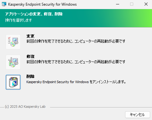 利用可能なオプションが表示されたインストーラーウィンドウ：コンポーネントセットの変更、アプリケーションの修復、アプリケーションの削除。