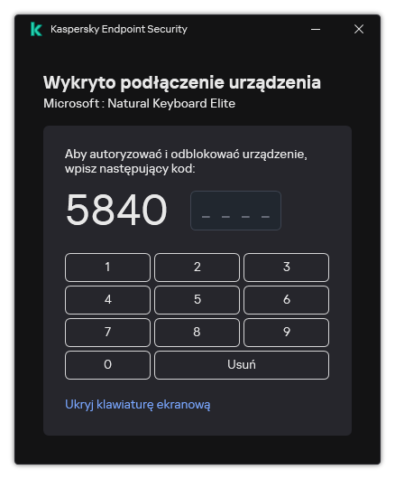 Okno z kodem autoryzacyjnym klawiatury i klawiaturą ekranową. Użytkownik może wprowadzić kod.