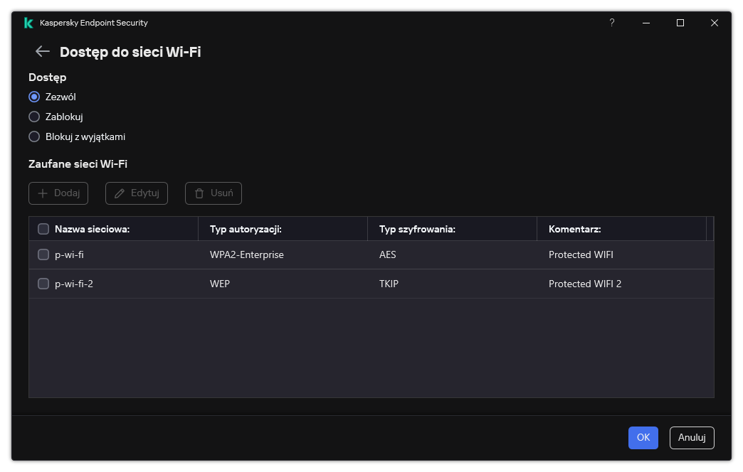 Okno z listą sieci Wi-Fi. Użytkownik może skonfigurować dostęp do wszystkich sieci Wi-Fi oraz dodać zaufane sieci Wi-Fi.