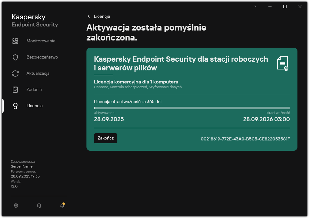 Okno zawiera informacje o licencji: datę wygaśnięcia, dostępne funkcje i inne informacje.