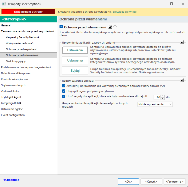 Okno ustawień modułu Ochrona przed włamaniami.
